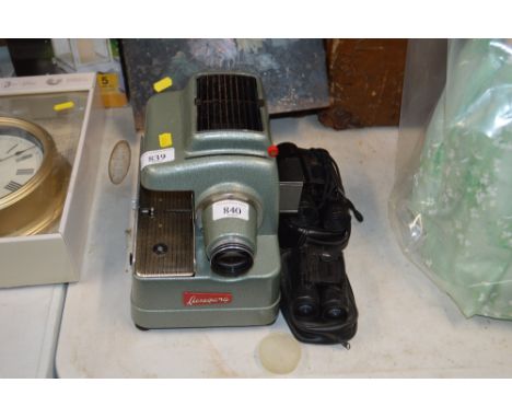 A slide projector and two pairs of binoculars.