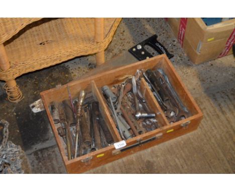 A wooden tray of various hand tools, sockets etc. 
