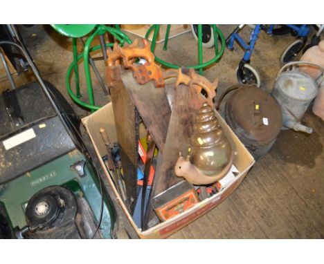 A box of various hand tools to include saws etc.