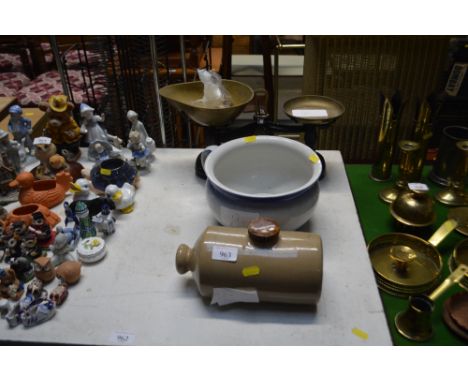 A chamber pot; stoneware hot water bottle and a set of scales and weights