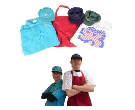 McDonalds (American Fast Food Chain) - vintage 1990s uniform items. Including several McDonald's employee caps, a McDonalds t