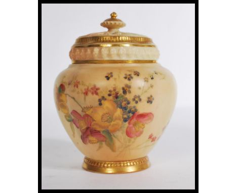 A Royal Worcester quarter lobed gilded ivory blush pot pourri, jar and cover shape number 1314 hand painted with flowers havi