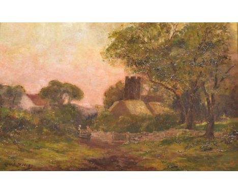 Charles B Dickens. A 19th century oil on canvas painting of Bidston, Cheshire with church and village scene with people talki