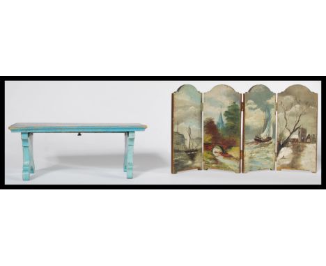 Two miniature apprentice pieces / dolls house furniture items to include a hand painted four panel screen depicting boats , r