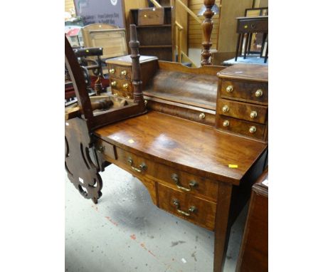 MAHOGANY BOW FRONT KNEEHOLE DESK with shelves to the top, together with a shield-back hall chair (A/F) (2)