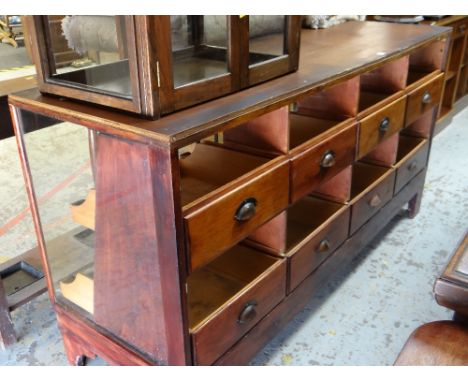 VINTAGE DRAPERY / HABERDASHERS DISPLAY COUNTER with eight wooden tray-drawers to the back, 178cms wide x 92cms high