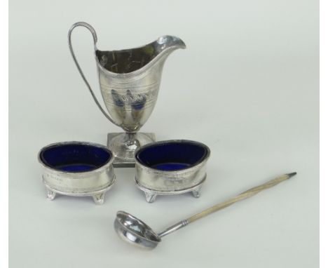 GEORGE III SILVER HELMET SHAPED CREAM JUG &amp; LATER SILVER TODDY LADLE ETC, the cream jug with engraved decoration and mono