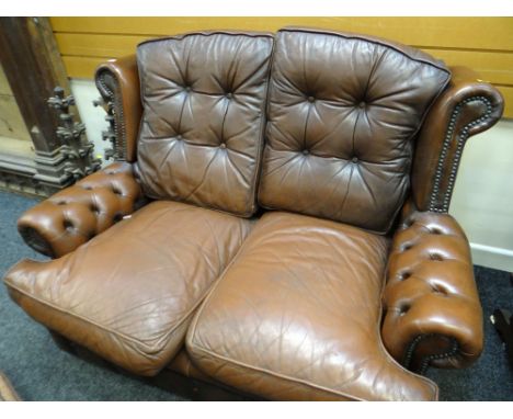 SMALL BROWN LEATHER TWO SEATER CLUB-STYLE WING BACK SOFA
