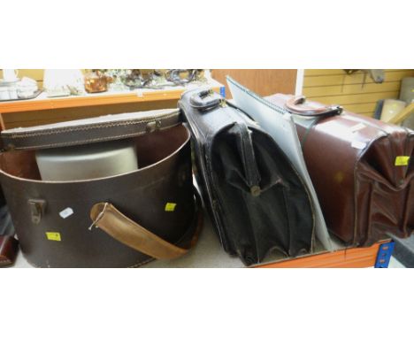 BOXED VINTAGE LOCKE &amp; CO GREY TOP HAT together with a Dunn &amp; Co Homburg hat and two vintage leather briefcases