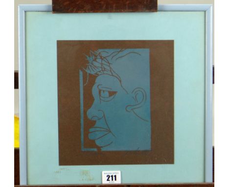 PAUL PETER PIECH linocut - profile portrait of Dylan Thomas, titled in pencil, signed and dated 1987, 29 x 29cms