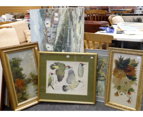 VARIOUS PICTURES including Charles Frederick Tunnicliffe print study of a woodpecker, linocut by Arthur Hameshaw entitled 'ma
