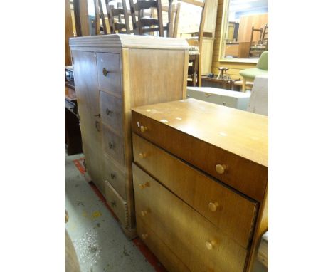 VINTAGE LIGHT OAK FIVE-DRAWER CHEST OF DRAWERS BY SYMBOL FURNITURE together with a vintage light oak tallboy