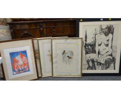 VARIOUS MODERN FRAMED PICTURES INCLUDING C BENTON charcoal - seated life-study, signed and dated 1994, 78 x 58cms together wi