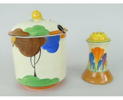 CLARICE CLIFF NEWPORT POTTERY 'CROCUS' PATTERN PEPPERETTE together with a Clarice Cliff-type decorated preserve pot and lid