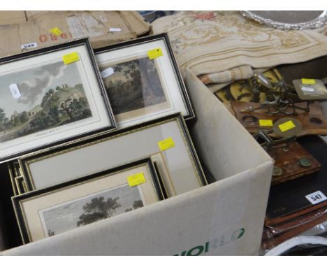 VARIOUS COLOURED FRAMED ETCHINGS of Welsh locations, two vintage sets of Post Office scales, Gilbert &amp; Sullivan operetta 