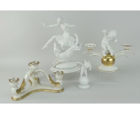 HUTSCHENREUTHER PORCELAIN ART DECO MODEL OF A DANCER WITH DOG together with a Hutschenreuther cherubic candlestick holder, ch