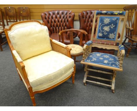 THREE CHAIRS COMPRISING LIGHT OAK AMERICAN ROCKING CHAIR a reproduction Verger French style salon chair and a small wooden tu