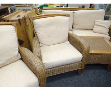 WICKER &amp; BAMBOO CONSERVATORY SUITE comprising two-seater sofa, two armchairs, coffee table and side table in a brown oatm