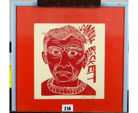 PAUL PETER PIECH signed linocut - portrait of Samuel Beckett with title, signed and dated 1989, 29.5 x 29.5cms
