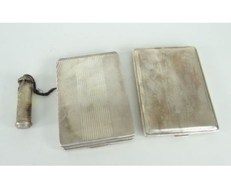 TWO VINTAGE CONTINENTAL SILVER CIGARETTE CASES having machine turned decoration, one with foliate yellow metal centre band, 9