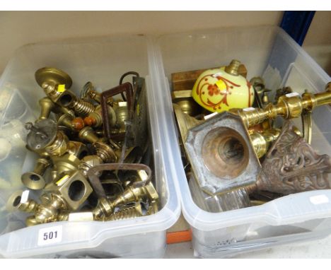 MAINLY BRASSWARE including candlesticks, oil lamp (parts), copper jugs ETC