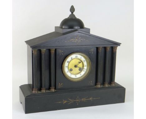VICTORIAN BLACK SLATE ARCHITECTURAL MANTEL CLOCK of classical form with dome top and acorn finial, 42cms high