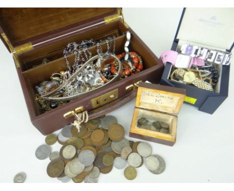 BROWN LOCKABLE JEWELLERY BOX AND COSTUME JEWELLERY CONTENTS together with a watch box and mixed contents of watches and jewel