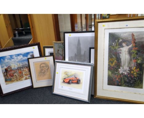 VARIOUS FRAMED PICTURES including sporting print, signed print portraits of Dizzy Gillespie, Buddy Guy ETC