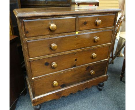 ANTIQUE STAINED PINE CHEST OF DRAWERS, two short above three long on raised bobbin feet