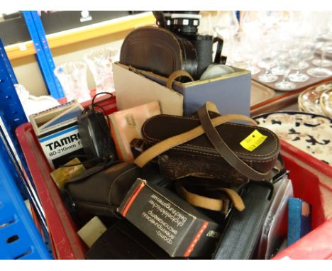 CRATE OF VARIOUS VINTAGE CAMERAS &amp; EQUIPMENT including Leika together with cased Belvedere binoculars ETC