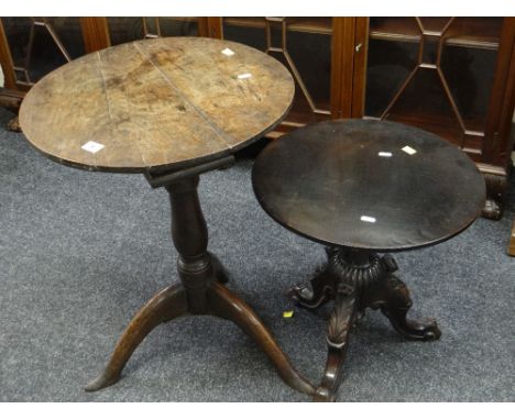 ANTIQUE OAK WINE TABLE with bird cage mechanism on tripod feet, together with a smaller ornate side / lamp table