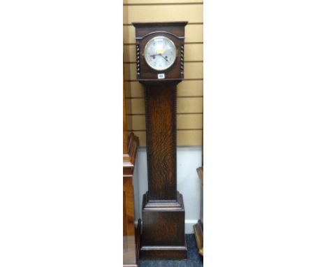 VINTAGE OAK GRANDMOTHER CLOCK BY BEN TIMA ENGLAND, with beaded decoration to the case and barley twist decoration to the side