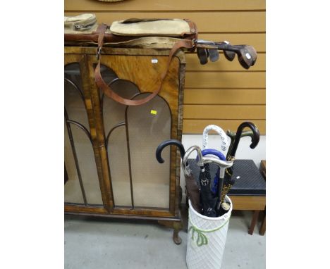 VINTAGE SET OF EIGHT GOLF CLUBS IN CARRY CASE, together with a ceramic umbrella stand and contents, and a small oval gilt fra