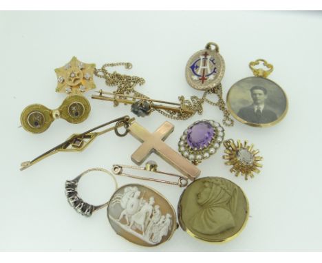 VARIOUS GOLD / YELLOW METAL SET JEWELLERY including 9ct crucifix pendant, 9ct set amethyst and seed pearl brooch, opal bar br