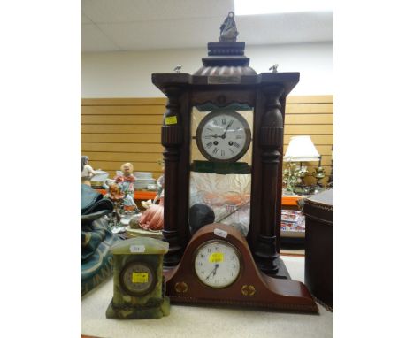 VINTAGE VIENNA WALL CLOCK, mahogany Napoleon hat type mantel clock, small onyx clock
