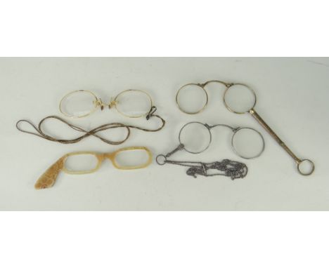 FOUR VINTAGE PAIRS OF SPECTACLES including silver wire rim glasses, yellow metal similar, yellow metal folding pair with sing