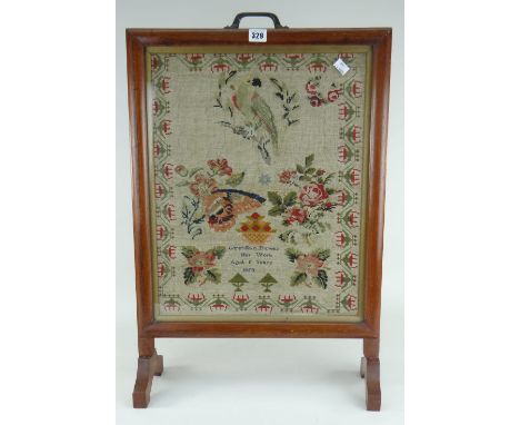EARLY VICTORIAN WELSH WOOLWORK SAMPLER featuring a perched parrot over roses and flowers and inscribed 'Gwenllian Davies her 