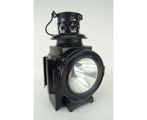 LARGE GERMAN MADE RAILROAD SIGNAL LAMP BY 'HEINRICH GILLET', black painted, top carry handle, circular glass and with makers 