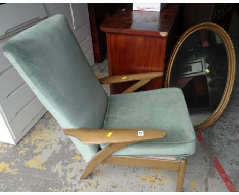 VINTAGE PARKER KNOLL WOODEN FRAME ARMCHAIR together with an oval bevelled glass wall mirror