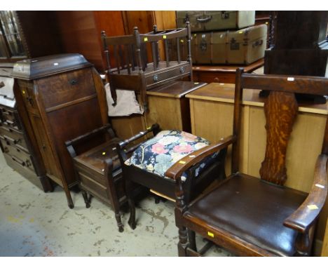 PARCEL OF FURNITURE to include a vintage oak gramophone case, commode piano stool and armchair