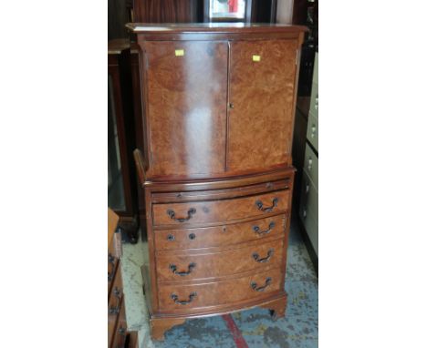 MAHOGANY BOW FRONT CABINET with cupboard top above a four drawer base, 130cms high x 60cms wide together with two other items