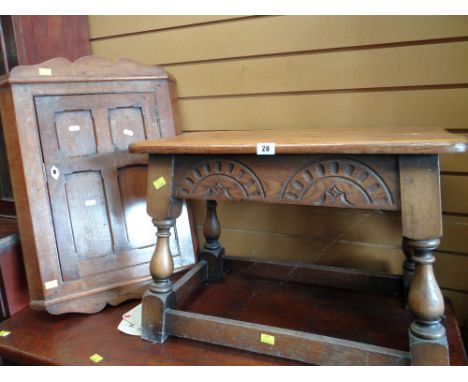 LIGHT OAK CARVED STOOL together with a small oak hanging corner cupboard, 66cms high x 45cms