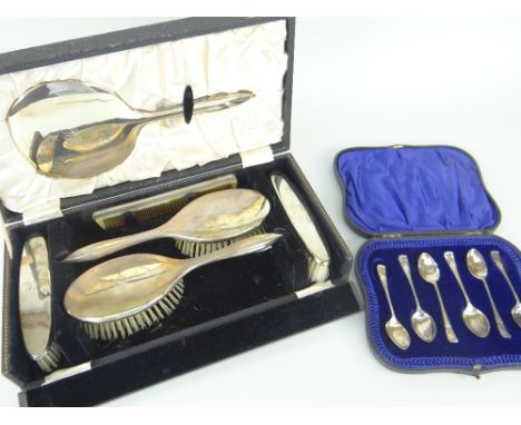 CASED SILVER VANITY SET comprising four brushes, comb and mirror, Birmingham hallmark