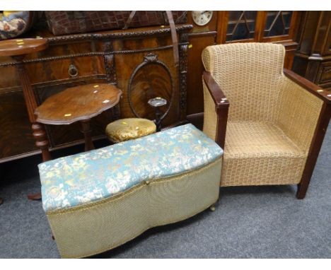 PARCEL OF FURNITURE to include bow front ottoman, torchère, circular stool, side table, wicker scroll back armchair ETC