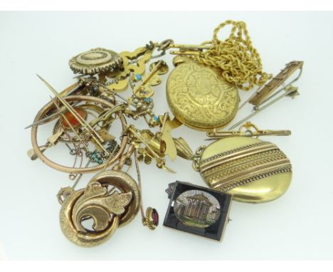 GOLD / YELLOW METAL JEWELLERY including micro-mosaic brooch, 15ct yellow gold brooch with centre diamond and red stones, vari