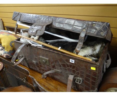 VINTAGE ALLIGATOR SKIN TRUNK with straps, carry handles, and silk interior, including contents of hallmarked silver topped ca