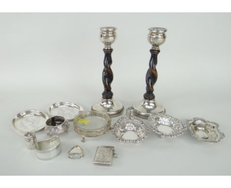 SILVER / PART-SILVER ITEMS including pair of wooden barley twist candlestick holders with silver bases and silver sconces, pa