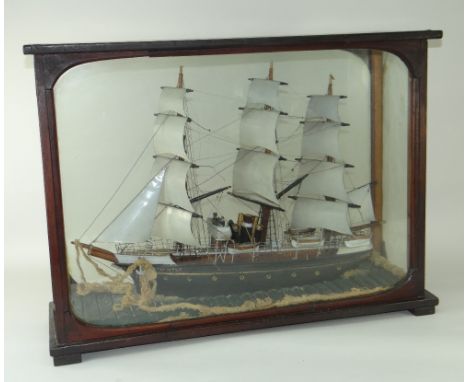VINTAGE SCRATCH BUILT MODEL OF A 19TH CENTURY STEAM CLIPPER SHIP with sails and figures presented in a glass case with panes 