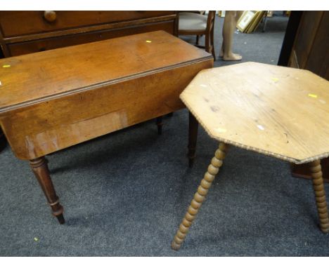 LIGHT OAK PEMBROKE TABLE with drawer to one end, together with a vintage octagonal pine bobbin three legged table