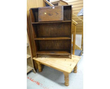 VINTAGE OAK NARROW BUREAU BOOKCASE together with a pine coffee table